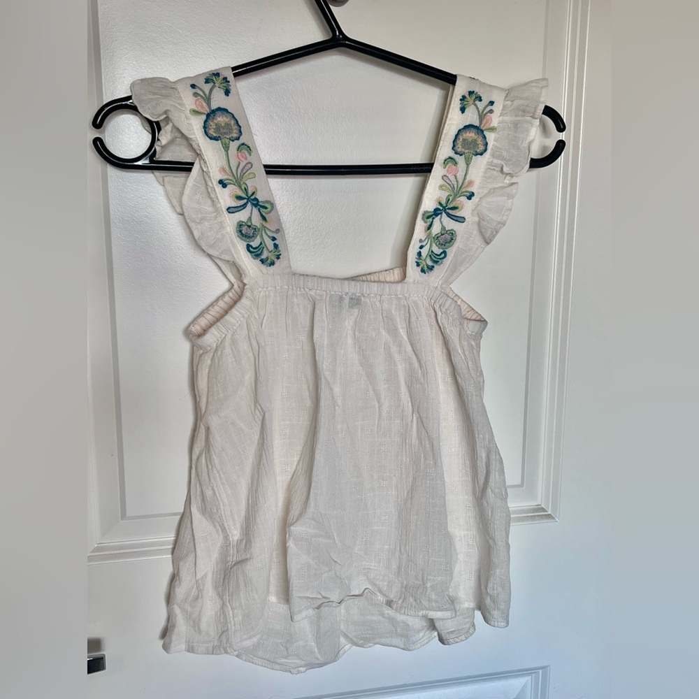 Madewell Embroidered Flutter Strap Top, size S, as seen on Meghan Markle